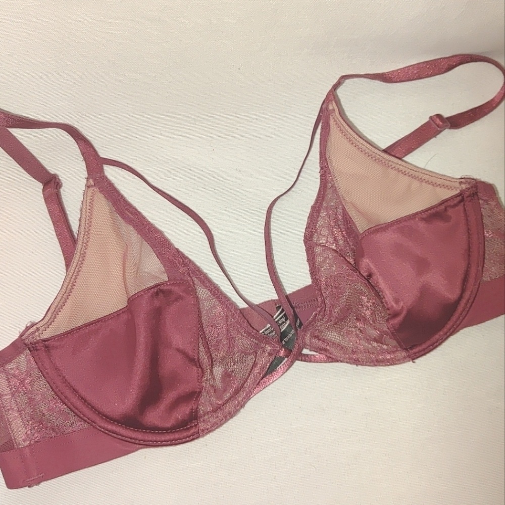 Victoria's Secret Very Sexy Unlined Plunge Caged Lace Bra 32C‎ Maroon Red Tan